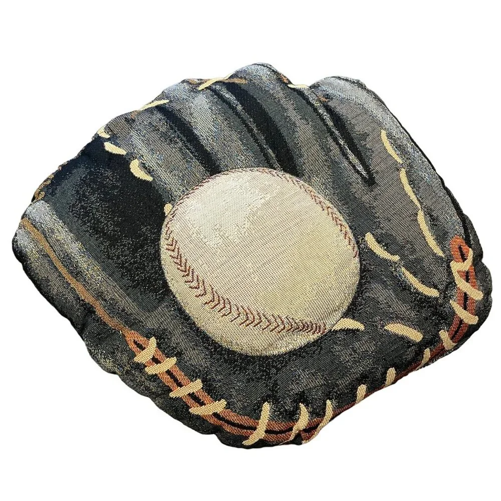 Vtg Baseball Mitt Glove 3D Pillow Black Tan Tapestry Stitched 16.5